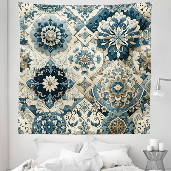 Ambesonne Ethnic Tapestry Queen Size, Mosaic Look Azulejo Inspired, 88"x88", Off White Cadet Blue