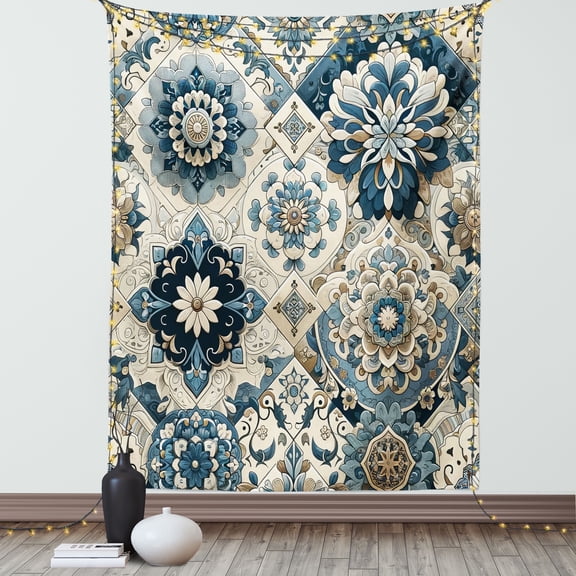 Ambesonne Ethnic Tapestry Wall Hanging, Mosaic Look Azulejo Inspired, 40"x60", Off White Cadet Blue
