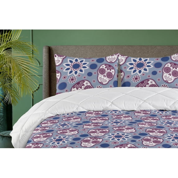 Ambesonne Ethnic Theme Down Alternative Quilt Comforter, Art Dia de los Muertos, Twin XL, Plum and Dark Lavender