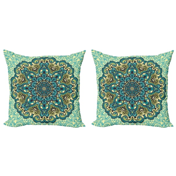 Ambesonne Ethnic Throw Pillow Cover 2 Pack, Abstract Flower Vibrant, 24", Pale Yellow Turquoise