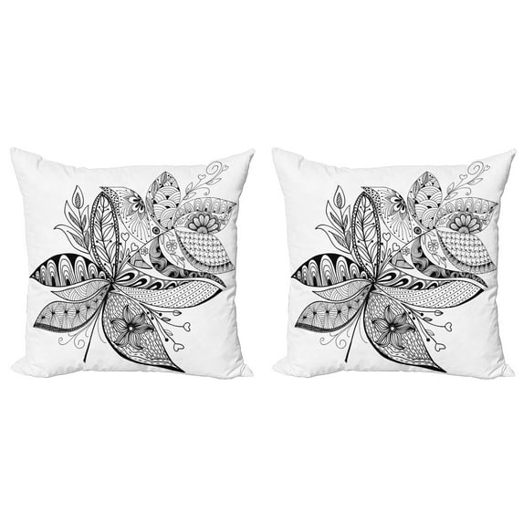 Ambesonne Ethnic Throw Pillow Cover 2 Pack, Eastern Ornate Flower, 18", Black White
