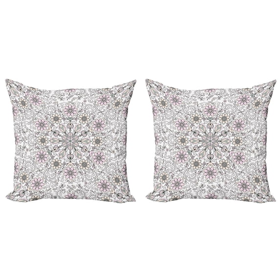 Ambesonne Ethnic Throw Pillow Cover 2 Pack, Flower Swirls Doily Style, 18", Pale Pink Pale Grey