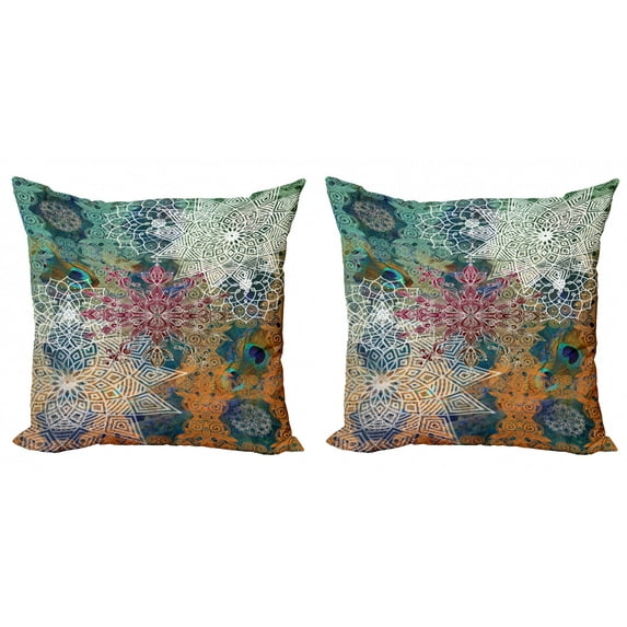 Ambesonne Ethnic Throw Pillow Cover 2 Pack, Mandala and Peacock Feathers, 24", Multicolor