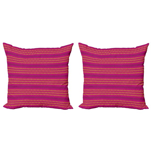 Ambesonne Ethnic Throw Pillow Cover 2 Pack, Pink Yellow Geometric Design, 18", Magenta Hot Pink Yellow