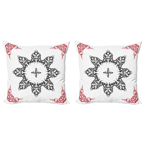 Ambesonne Ethnic Throw Pillow Cover 2 Pack, Tattoo Circular Vector, 20", Black White and Ruby