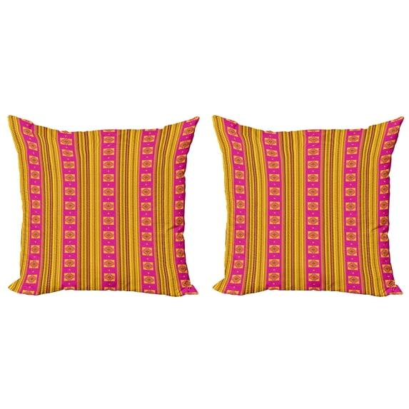 Ambesonne Ethnic Throw Pillow Cover 2 Pack, Traditional Ornaments, 18", Hot Pink Yellow