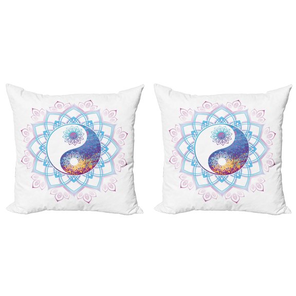 Ambesonne Ethnic Throw Pillow Cover 2 Pack, Yin Yang Swirls, 18", Purple and Pale Blue