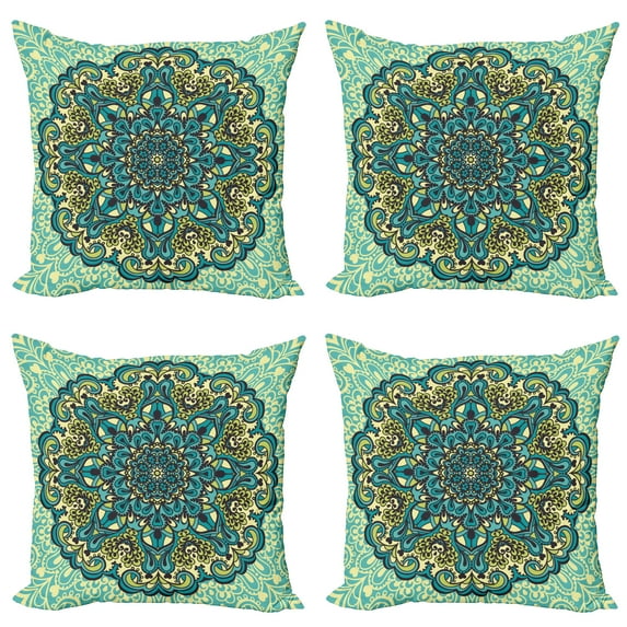 Ambesonne Ethnic Throw Pillow Cover 4 Pack, Abstract Flower Vibrant, 20", Pale Yellow Turquoise