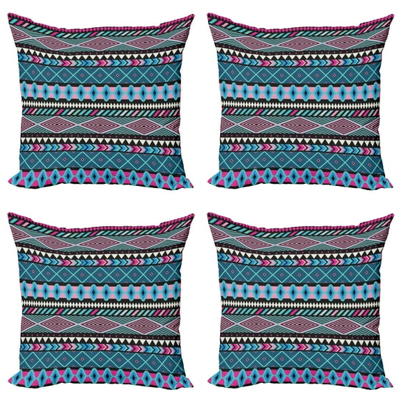 Ambesonne Ethnic Throw Pillow Cover 4 Pack, Bohem Vintage Shapes, 18", Dark Blue Hot Pink