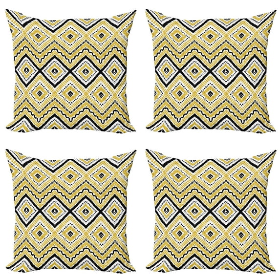 Ambesonne Ethnic Throw Pillow Cover 4 Pack, Chevron Waves Tribal, 16", Yellow Black and White