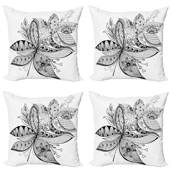 Ambesonne Ethnic Throw Pillow Cover 4 Pack, Eastern Ornate Flower, 16", Black White