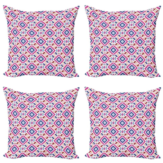 Ambesonne Ethnic Throw Pillow Cover 4 Pack, Hand Drawn Mayan Sripes, 18", Fuchsia Indigo Burgundy