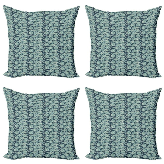 Ambesonne Ethnic Throw Pillow Cover 4 Pack, Oriental Folkore Flowers, 20", Pale Blue Dark Teal