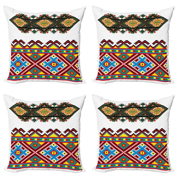 Ambesonne Ethnic Throw Pillow Cover 4 Pack, Retro Ukranian Ornament, 16", Multicolor