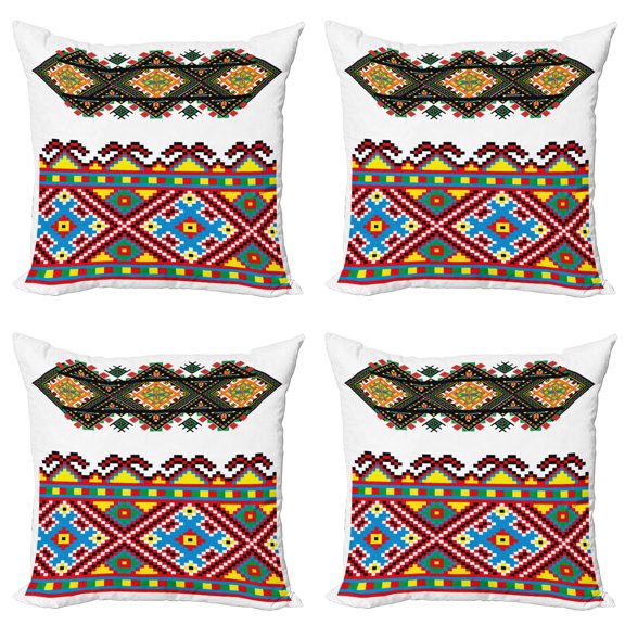 Ambesonne Ethnic Throw Pillow Cover 4 Pack, Retro Ukranian Ornament, 24", Multicolor