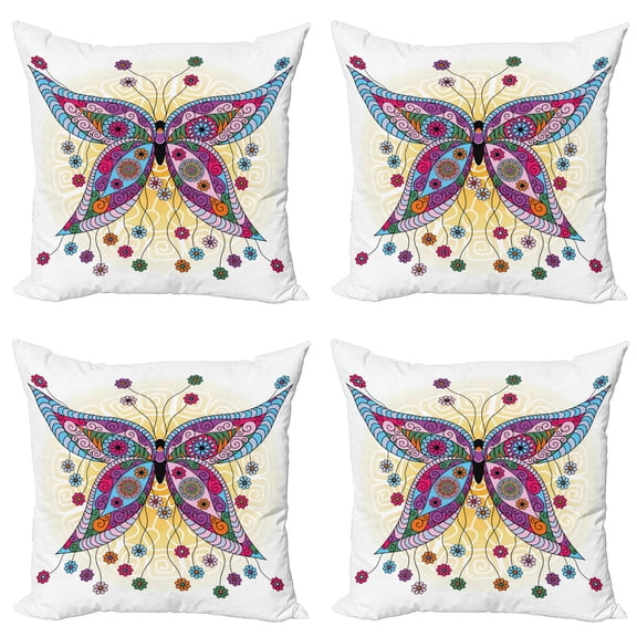 Ambesonne Ethnic Throw Pillow Cover 4 Pack, Spring Flowers Butterfly, 16", Multicolor