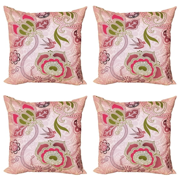 Ambesonne Ethnic Throw Pillow Cover 4 Pack, Swirl Leaf Lines Bohem, 20", Olive Green Dried Rose