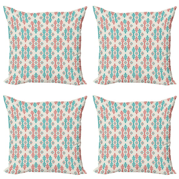 Ambesonne Ethnic Throw Pillow Cover 4 Pack, Traditional Local, 20", Coral Turquoise White