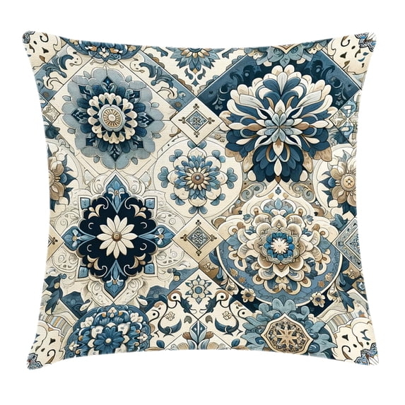 Ambesonne Ethnic Throw Pillow Cushion Cover, Mosaic Look Azulejo Inspired, 24" X 24", Off White Cadet Blue