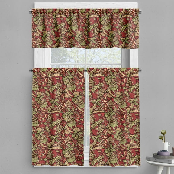 Ambesonne Ethnic Valance & Curtain, Doodle Swirls Floral, 55"x24", Dark Coral Green Beige