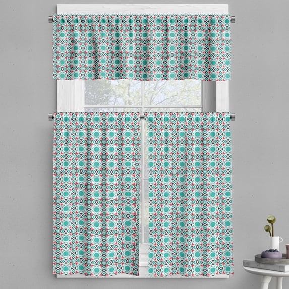 Ambesonne Ethnic Valance & Curtain, Mosaic Mandala Oriental Folk, 55"x36", Turquoise Coral and Dark Grey