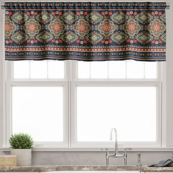 Ambesonne Ethnic Valance Pack of 2, Floral Geometric Shapes, 54"X18", Indigo Scarlet