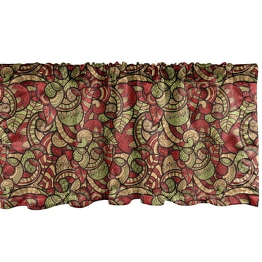 Ambesonne Ethnic Window Valance, Doodle Swirls Floral, 54" X 12", Dark Coral Green Beige