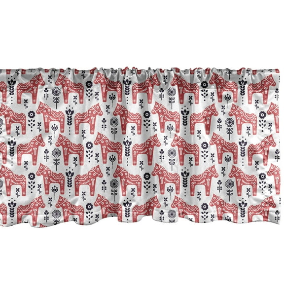Ambesonne Ethnic Window Valance, Folk Dala Horse with Flowers, 54" X 18", Dark Coral Indigo