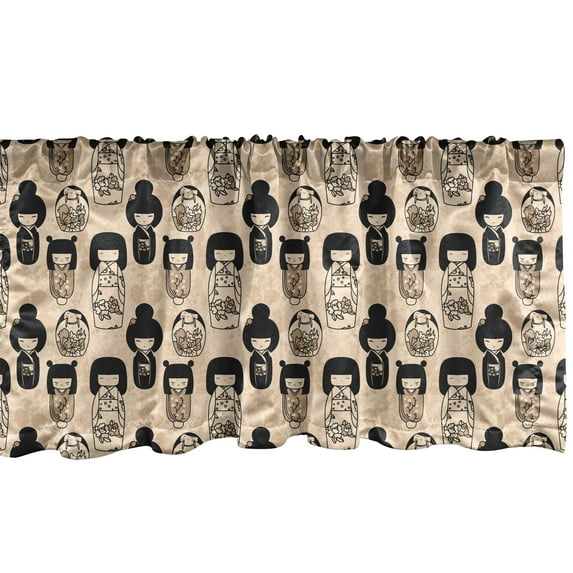 Ambesonne Ethnic Window Valance, Little Kokeshi Dolls, 54" X 18", Beige Black and Tan