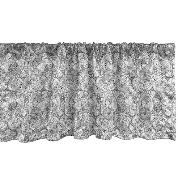 Ambesonne Ethnic Window Valance, Monochrome Doodle Flora, 42" x 18", Black White