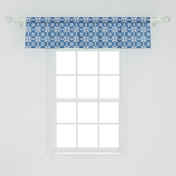 Ambesonne Ethnic Window Valance, Portuguese Azulejo Tile Inspired Pattern with Ornamental Foliage Pattern, Curtain Valance for Kitchen Bedroom Decor with Rod Pocket, 54" X 12", Navy Blue Orange White