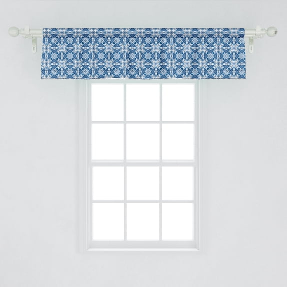Ambesonne Ethnic Window Valance, Portuguese Azulejo Tile Inspired Pattern with Ornamental Foliage Pattern, Curtain Valance for Kitchen Bedroom Decor with Rod Pocket, 54" X 12", Navy Blue Orange White
