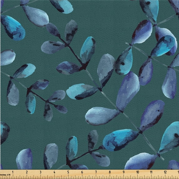 Ambesonne Eucalyptus Fabric by the Yard Upholstery, Chill Leafy Design Print, 1 Yard, Indigo Pale Petrol Blue