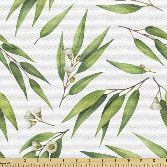 Ambesonne Eucalyptus Fabric by the Yard Upholstery, Scattered Like Leaves, 1 Yard, Green Eggshell and White