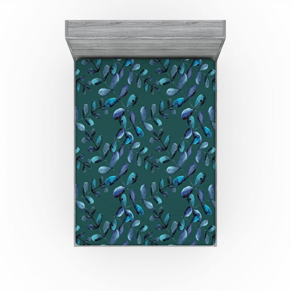 Ambesonne Eucalyptus Fitted Sheet, Chill Leafy Design Print, Full Size, Indigo Pale Petrol Blue