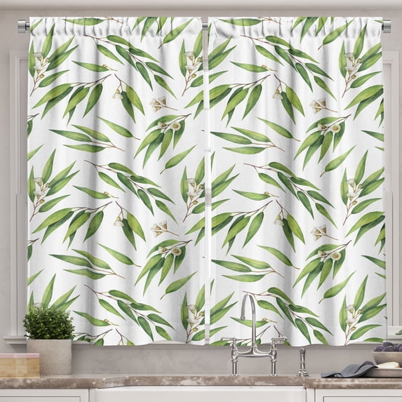 Ambesonne Eucalyptus Kitchen Curtains, Scattered Like Leaves, 55"x45", Green Eggshell and White