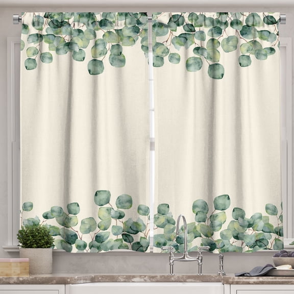 Ambesonne Eucalyptus Kitchen Curtains, Watercolor Branches Art, 55"x36", Laurel Green and White