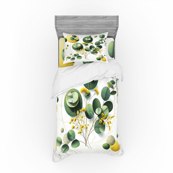 Ambesonne Eucalyptus Leaves Bedding Set 3 Pcs, Boho Leaf Design, TwinXL, Fern Green Yellow and White