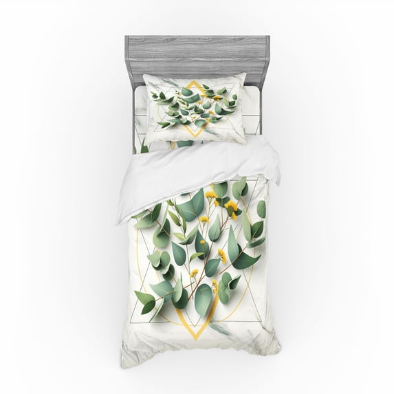 Ambesonne Eucalyptus Leaves Bedding Set 3 Pcs, Branches Polygons, TwinXL, Peacock Green Mustard