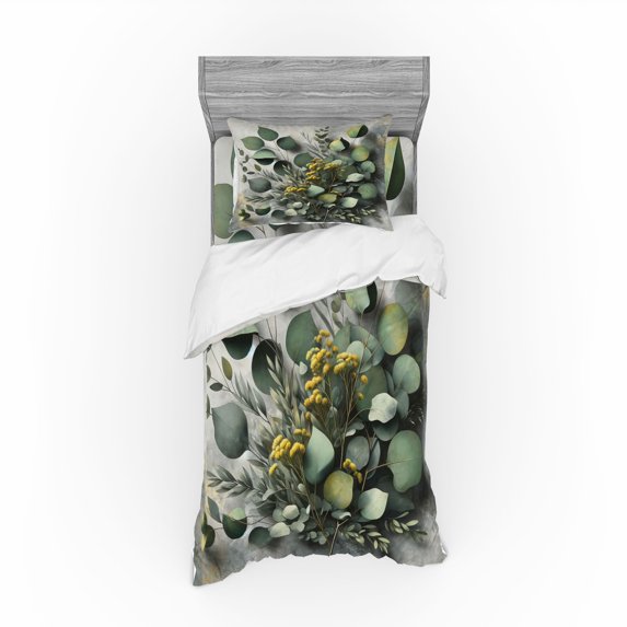 Ambesonne Eucalyptus Leaves Bedding Set 3 Pcs, Love of Nature, Twin, Mustard and Reseda Green