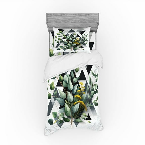 Ambesonne Eucalyptus Leaves Bedding Set 3 Pcs, Meadow Bouquet, Twin, Dark Blue Grey and Green