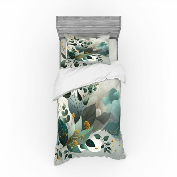 Ambesonne Eucalyptus Leaves Bedding Set 3 Pcs, Waves and Leafs, TwinXL, Dark Sea Green Grey Teal