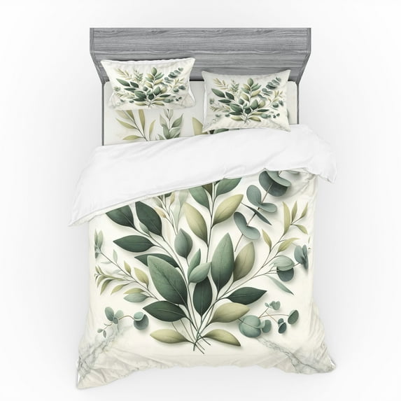Ambesonne Eucalyptus Leaves Bedding Set 4 Pcs, Botanical Art, Calking, Sage Green Off White