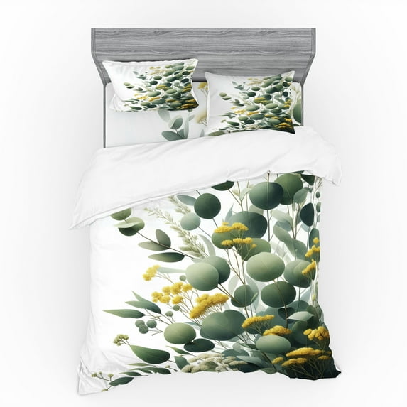 Ambesonne Eucalyptus Leaves Bedding Set 4 Pcs, Round Leaf Branch, Queen, Mustard and Peacock Green