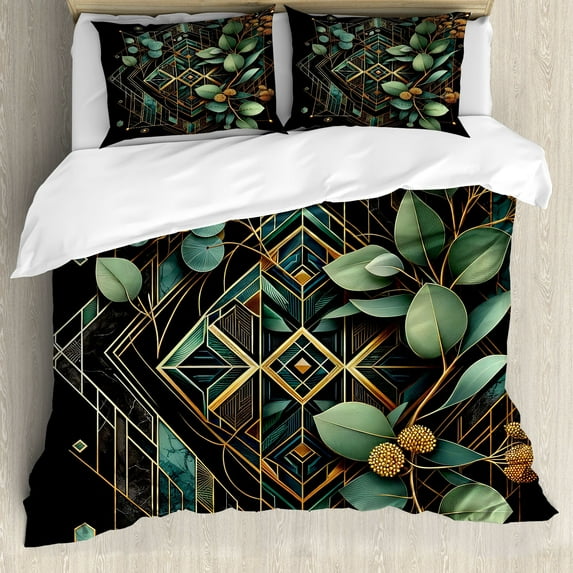 Ambesonne Eucalyptus Leaves Duvet Cover Set, Art Deco Botany, Calking, Black Laurel Green Amber