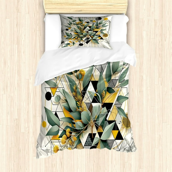 Ambesonne Eucalyptus Leaves Duvet Cover Set, Blossomy Leaf Art, Twin, Green Black Mustard