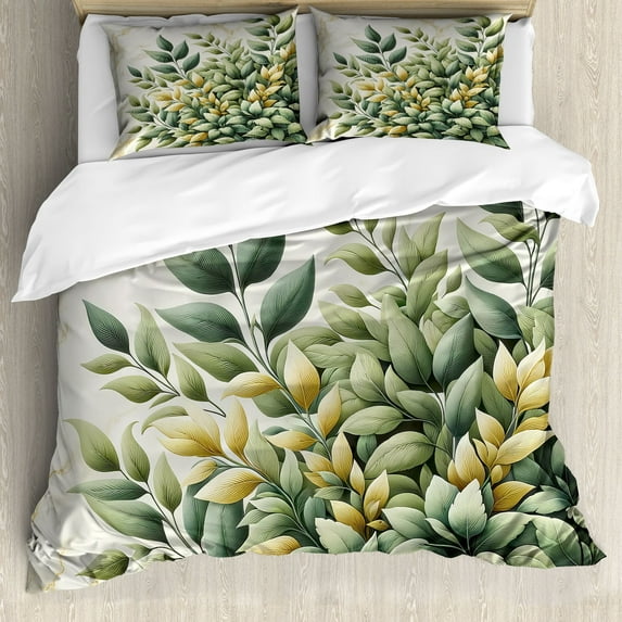 Ambesonne Eucalyptus Leaves Duvet Cover Set, Bold Branches, King, Laurel Green Eggshell