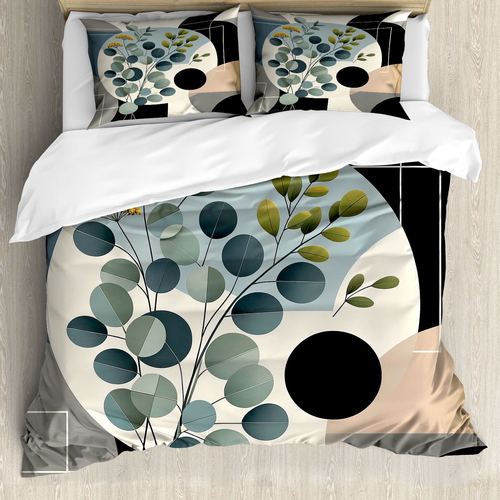 Ambesonne Eucalyptus Leaves Duvet Cover Set, Cold Mid Century, Queen, Black Blue Grey and Green