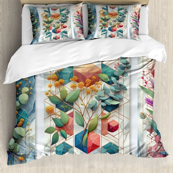 Ambesonne Eucalyptus Leaves Duvet Cover Set, Leaf Geometrics, King, Teal Multicolor