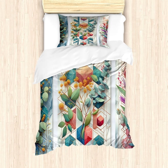 Ambesonne Eucalyptus Leaves Duvet Cover Set, Leaf Geometrics, Twin, Teal Multicolor